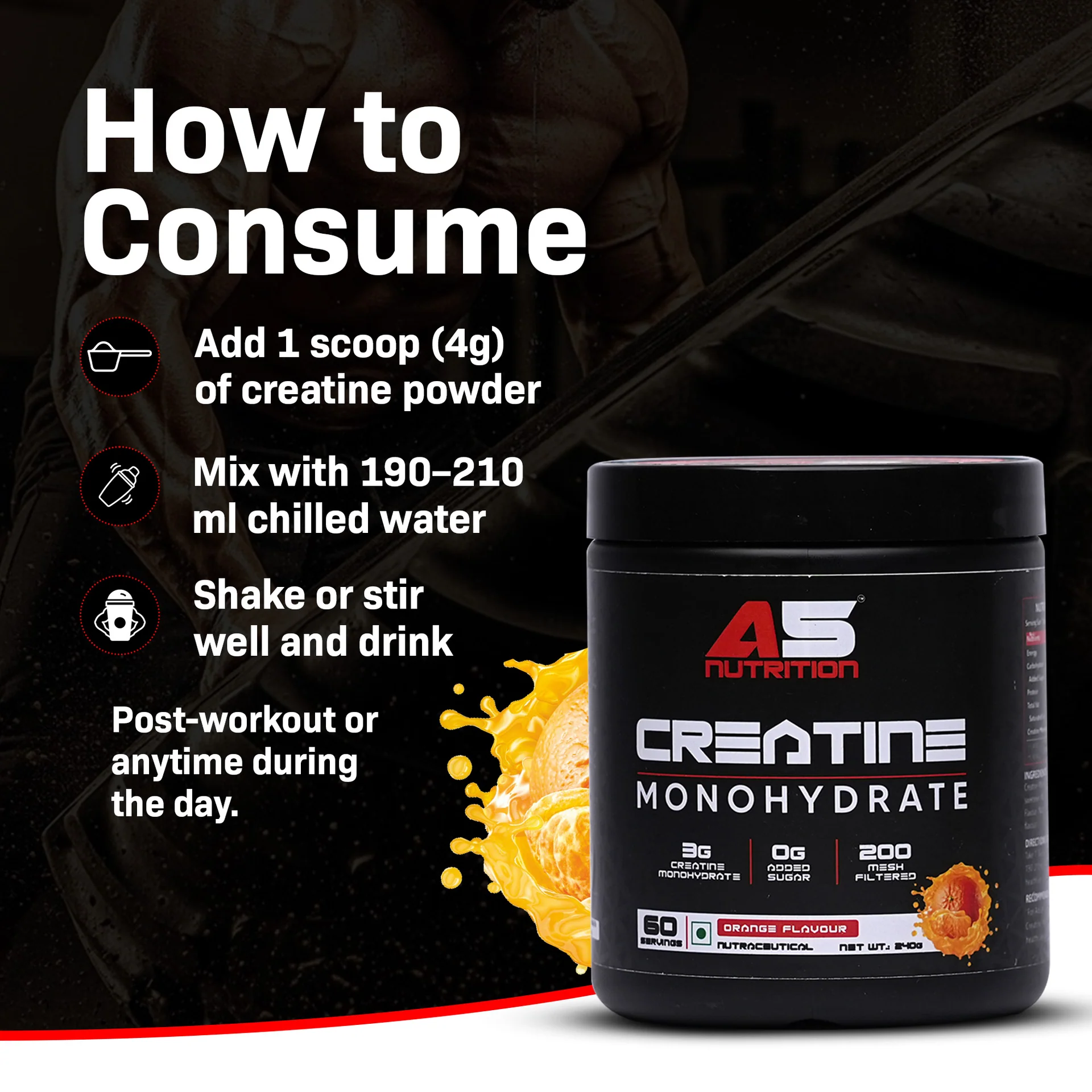 A5 Nutrition Creatine Monohydrate (60 Servings, 240g) | Orange, Watermelon & Blue Raspberry Flavours - Image 3
