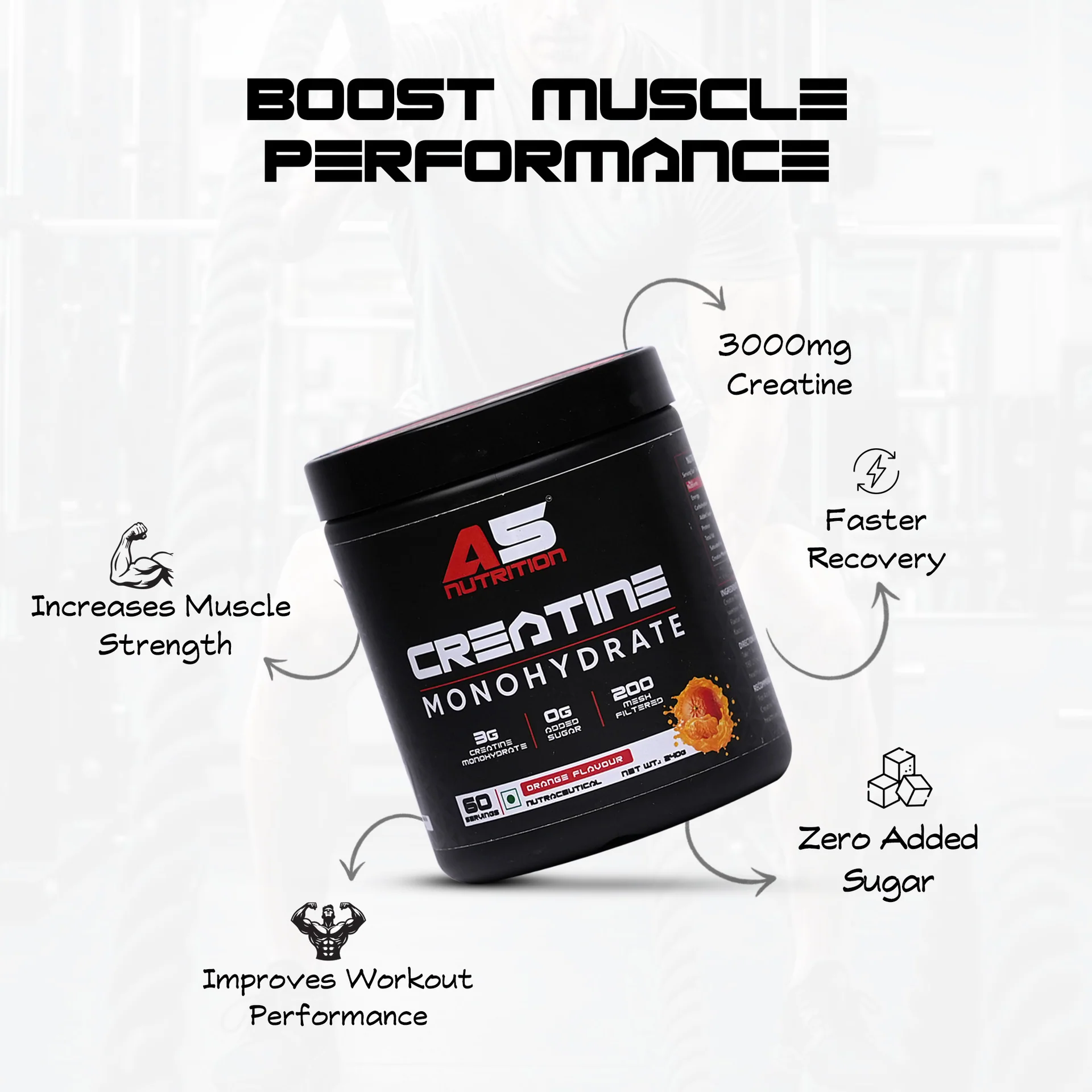 A5 Nutrition Creatine Monohydrate (60 Servings, 240g) | Orange, Watermelon & Blue Raspberry Flavours - Image 2